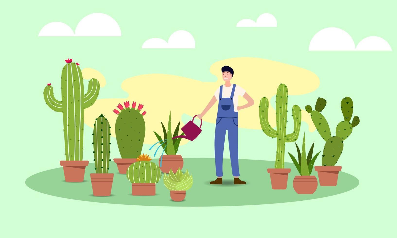 contadino uso irrigazione lattine per acqua vario tipi di verde cactus nel pentole. il cactus ha spine quello circondare si come un' Di meno idrofobo la zona. agricoltori può adesso coltivare e vendere. vettore