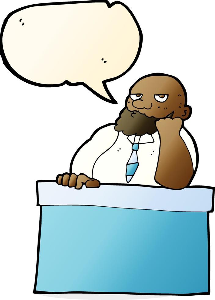 cartone animato annoiato uomo a scrivania con discorso bolla vettore