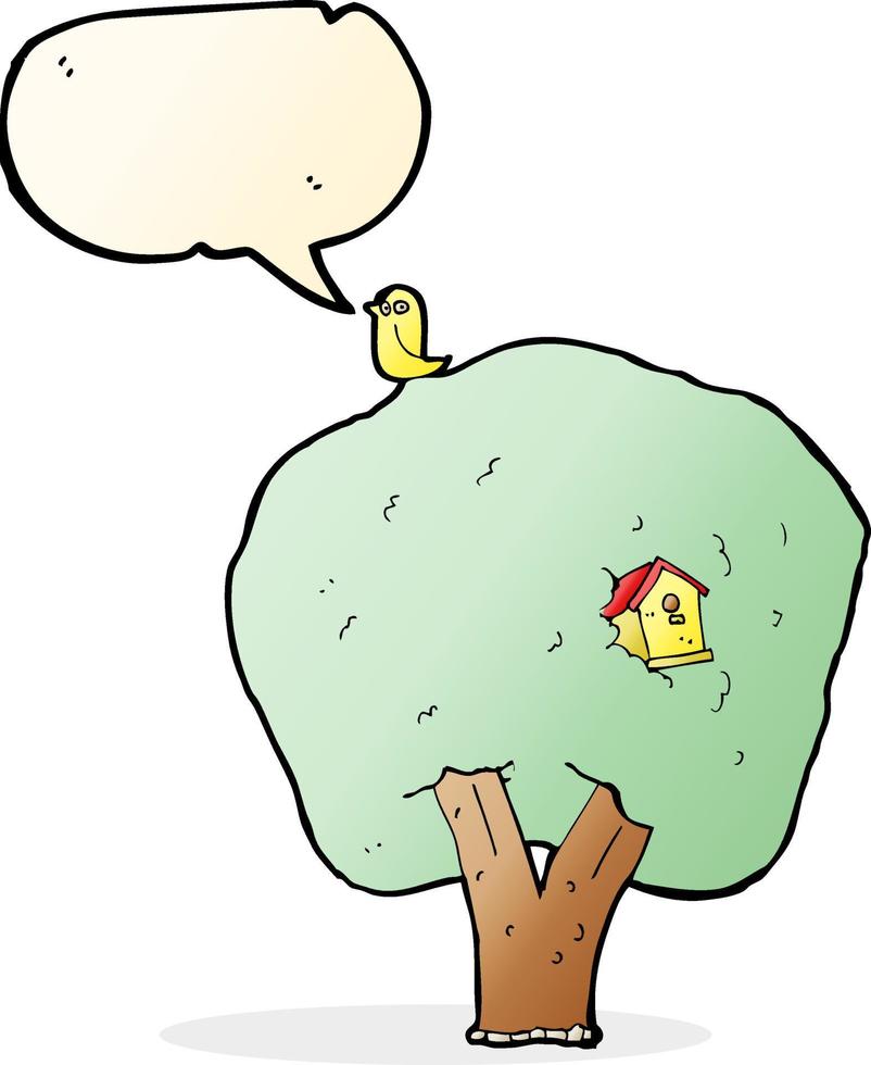 cartone animato albero con birdhouse con discorso bolla vettore