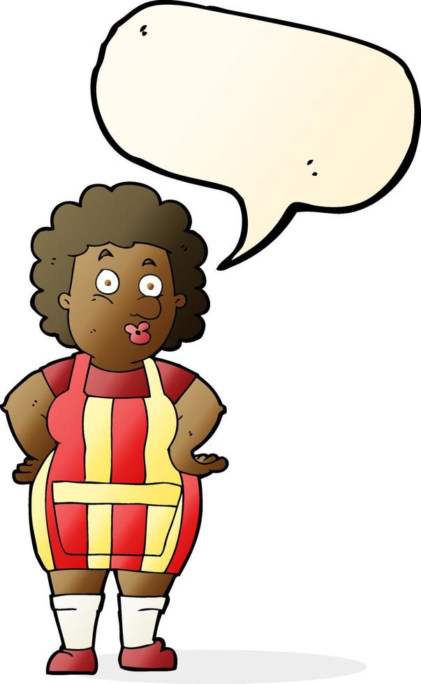cartone animato donna nel cucina grembiule con discorso bolla vettore