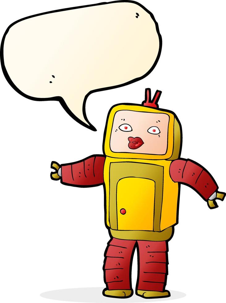 divertente cartone animato robot con discorso bolla vettore