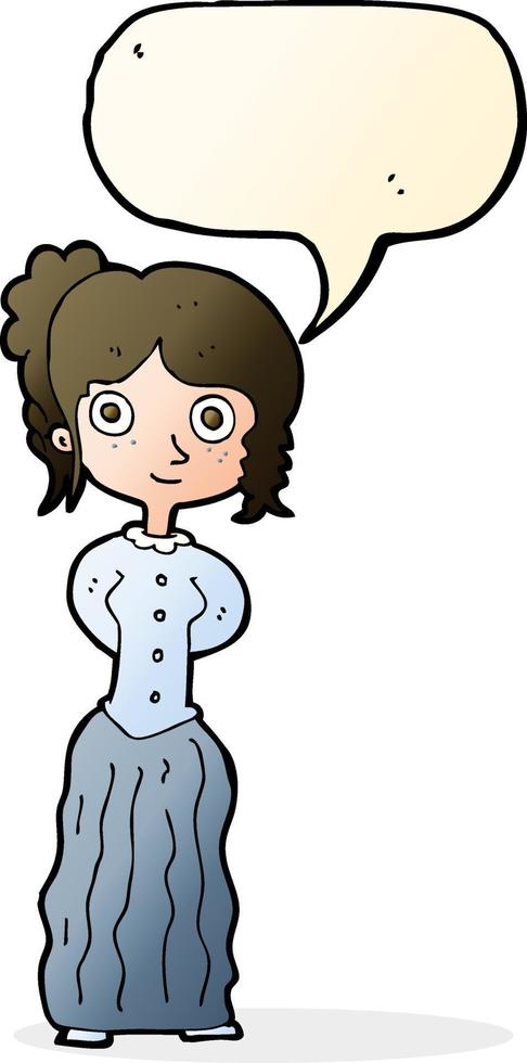 cartone animato contento donna con discorso bolla vettore