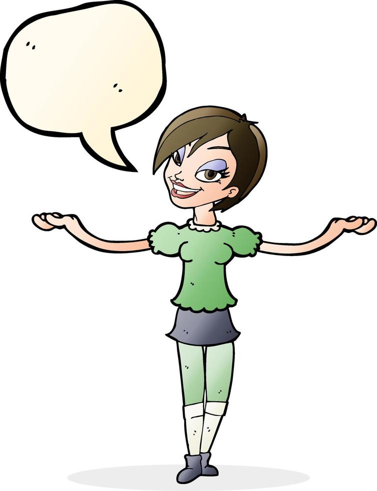 cartone animato donna fabbricazione Aperto braccio gesto con discorso bolla vettore