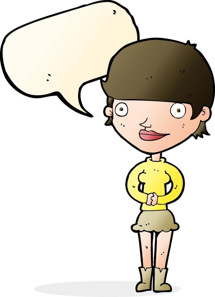 cartone animato amichevole donna con discorso bolla vettore