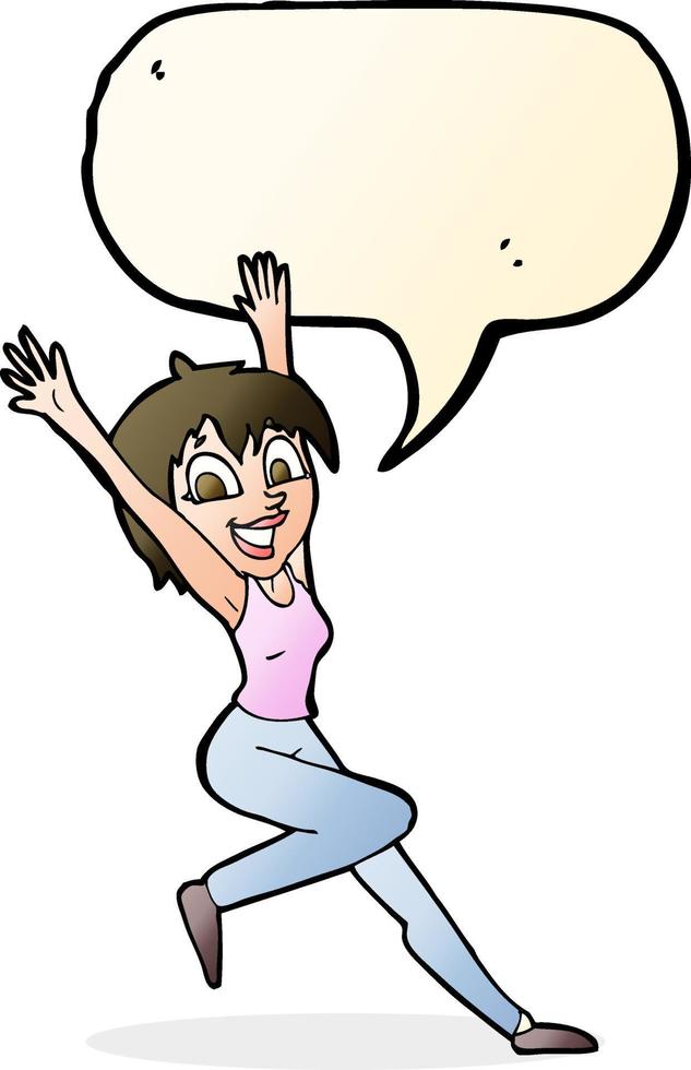 cartone animato eccitato donna con discorso bolla vettore