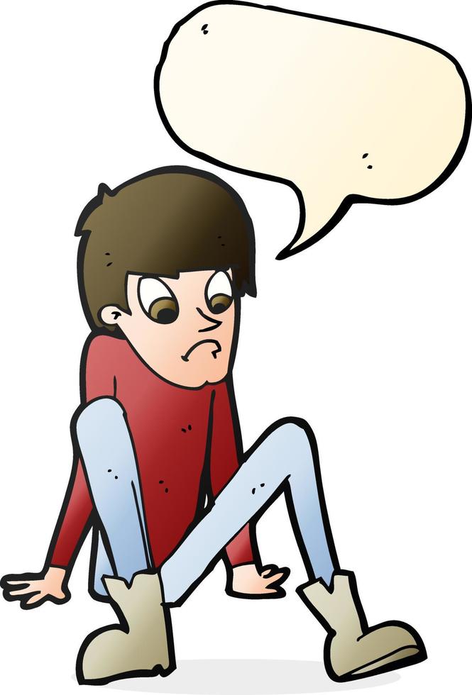 cartone animato ragazzo seduta su pavimento con discorso bolla vettore