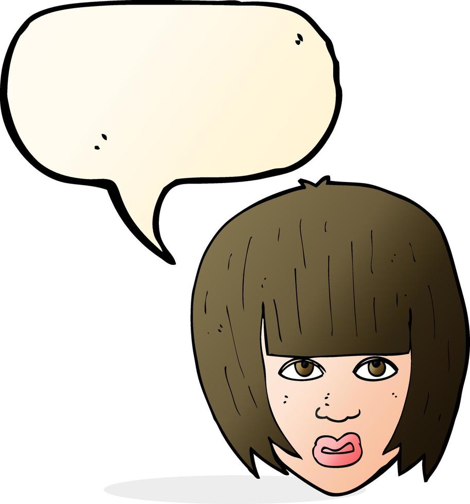 cartone animato infastidito ragazza con grande capelli con discorso bolla vettore