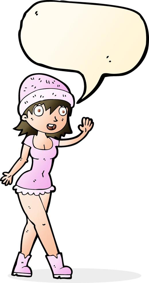 cartone animato bella ragazza nel cappello agitando con discorso bolla vettore