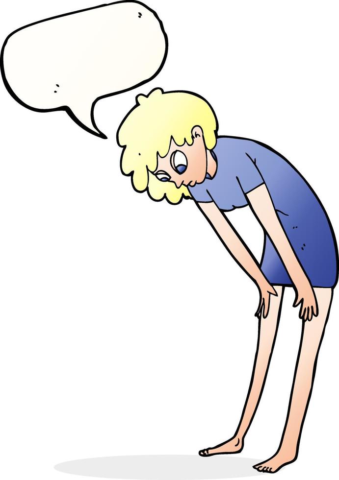 cartone animato donna guardare a sua piedi con discorso bolla vettore