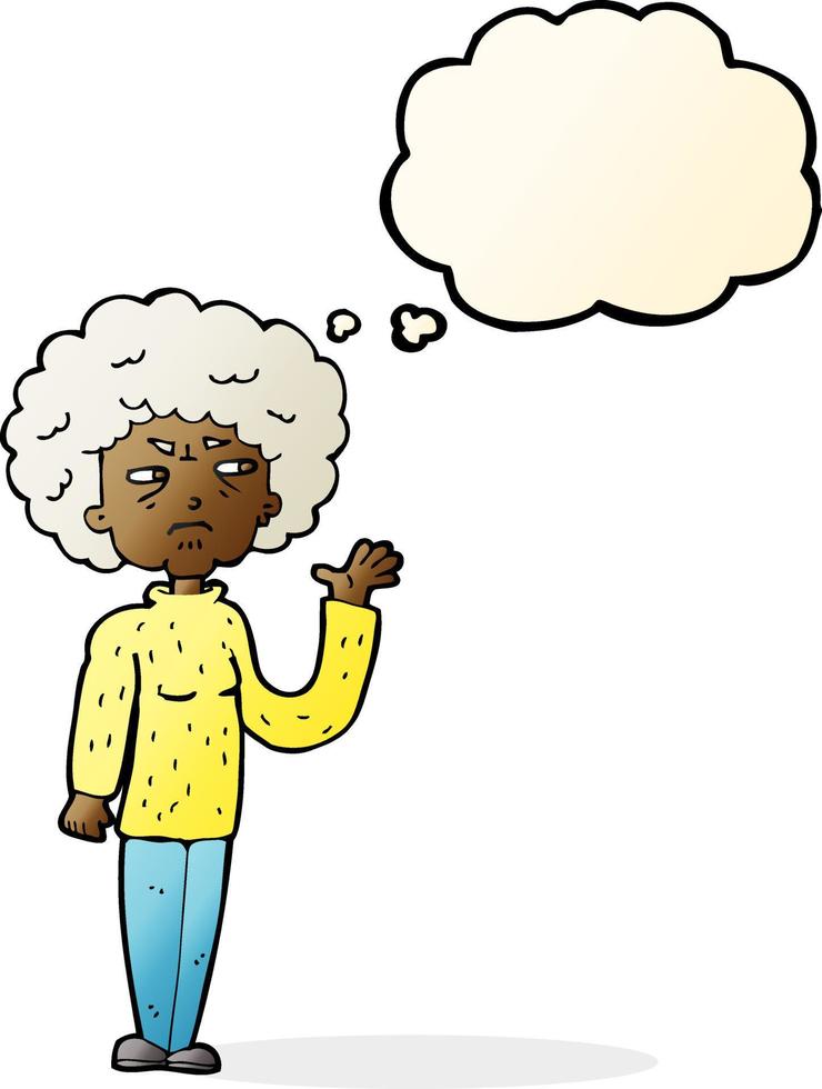 cartone animato infastidito vecchio donna agitando con pensato bolla vettore