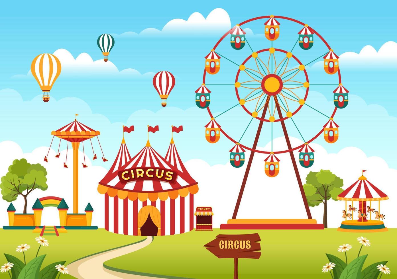 circo modello mano disegnato cartone animato piatto illustrazione con mostrare di ginnasta, mago, animale Leone, ospite, intrattenitore, pagliacci e divertimento parco vettore