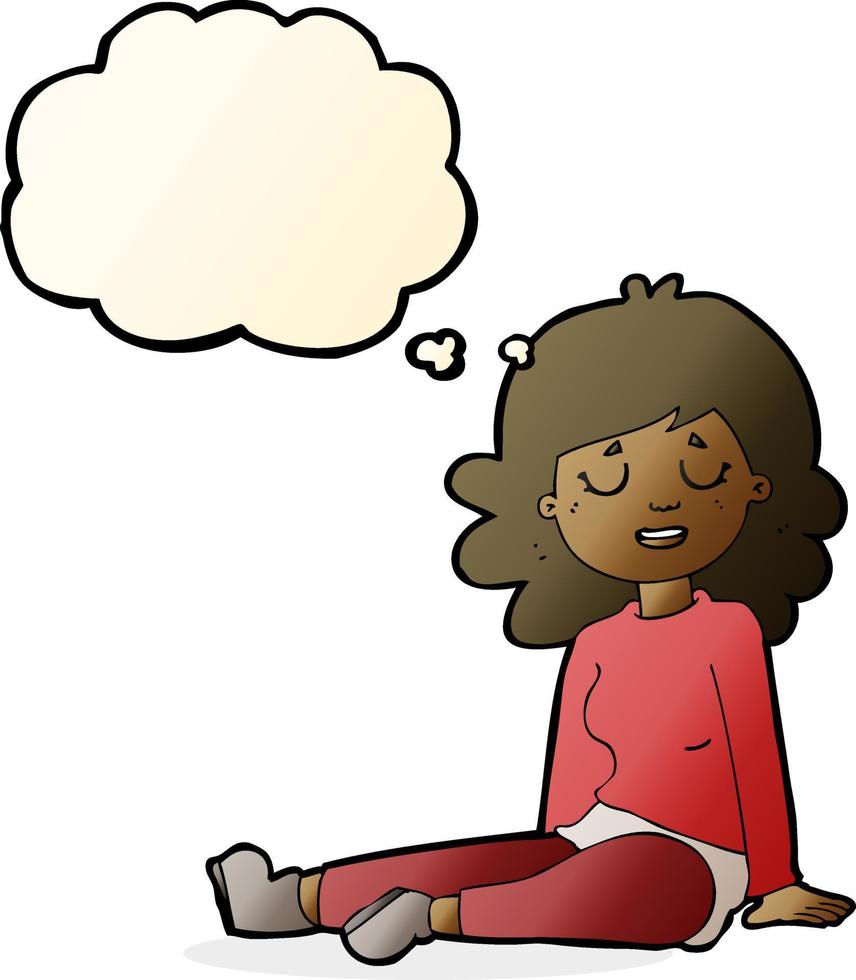 cartone animato contento donna seduta su pavimento con pensato bolla vettore