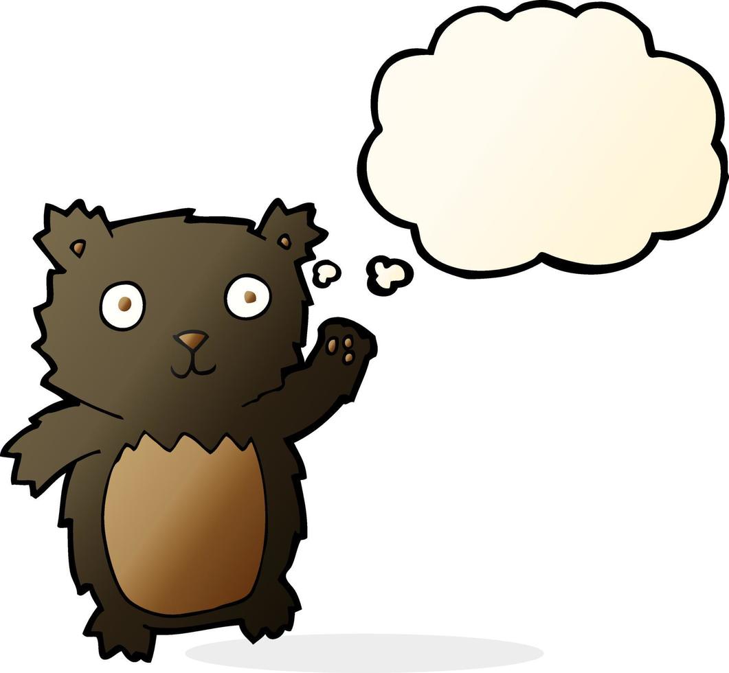 cartone animato agitando nero orso cucciolo con pensato bolla vettore
