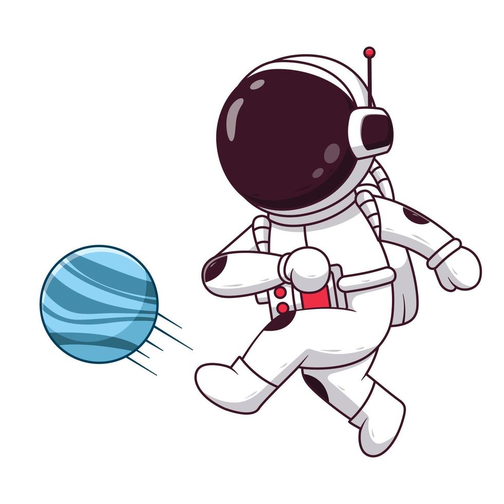 carino astronauta calcio un' pianeta. astronauta icona concetto. piatto cartone animato stile. adatto per ragnatela atterraggio pagina, striscione, volantino, etichetta, carta vettore