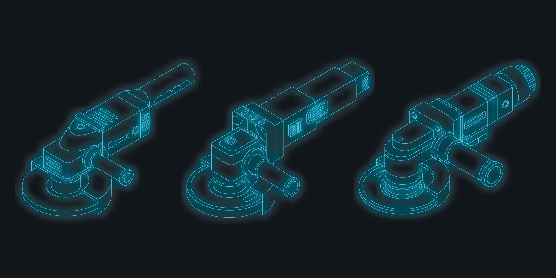 le icone della smerigliatrice angolare impostano il neon di vettore
