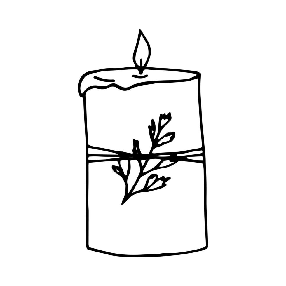 candela con nastro e le foglie mano disegnato nel scarabocchio stile. icona, etichetta, arredamento elemento vettore