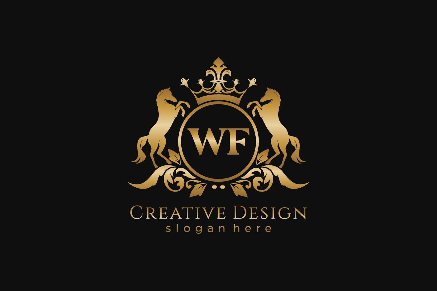 iniziale wf retrò d'oro cresta con cerchio e Due cavalli, distintivo modello con pergamene e reale corona - Perfetto per lussuoso il branding progetti vettore