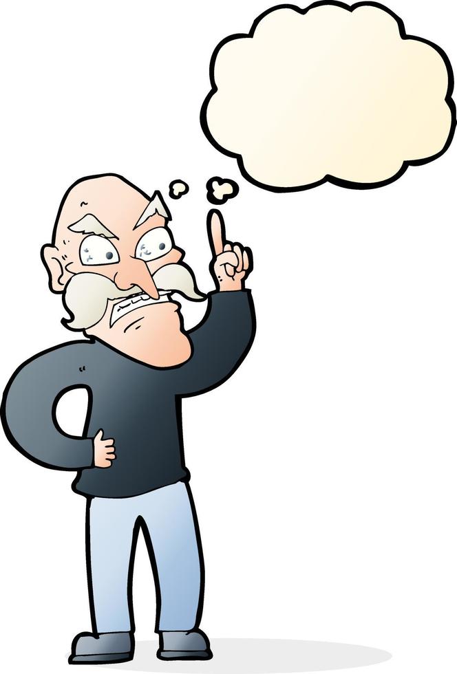 cartone animato vecchio uomo posa giù regole con pensato bolla vettore