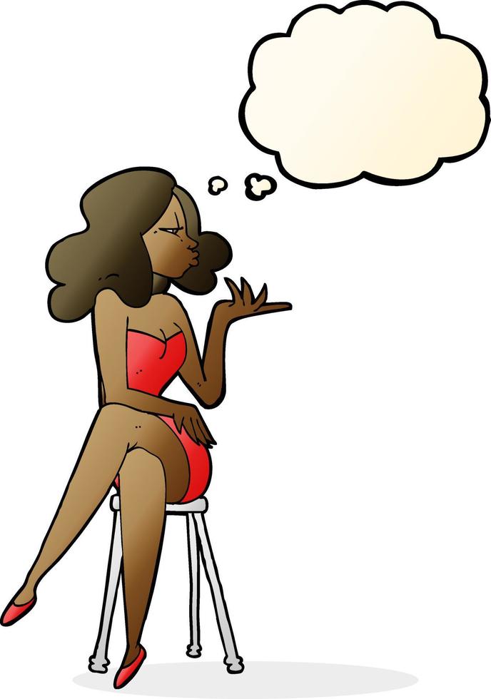 cartone animato donna seduta su bar sgabello con pensato bolla vettore