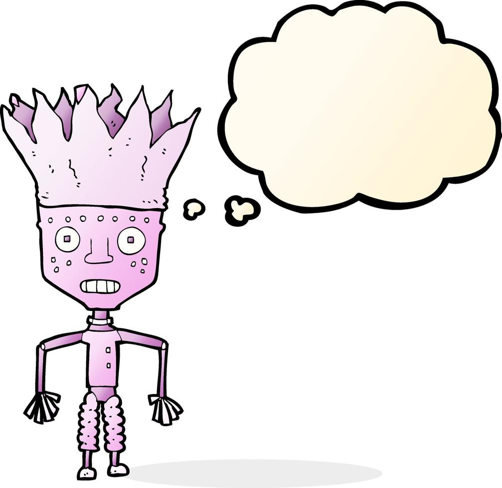 divertente cartone animato robot indossare corona con pensato bolla vettore