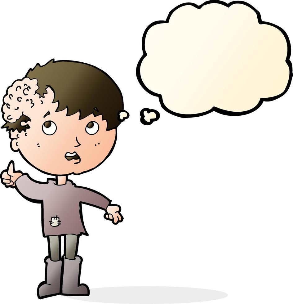 cartone animato ragazzo con crescita su testa con pensato bolla vettore