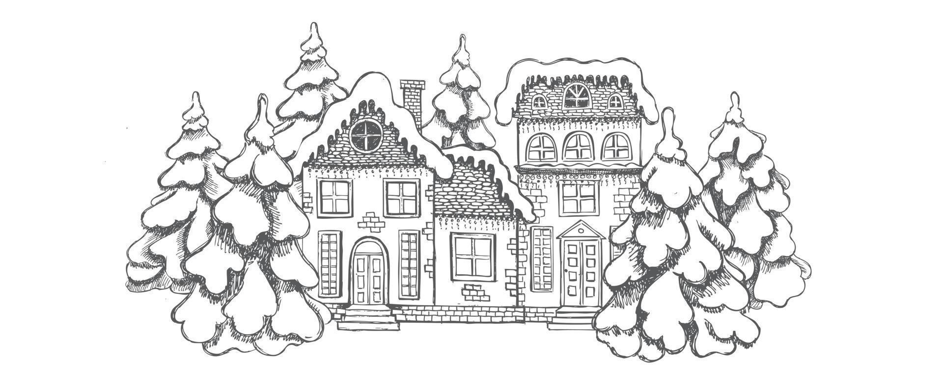 biglietto di auguri di natale. illustrazione di case. insieme di edifici disegnati a mano. vettore