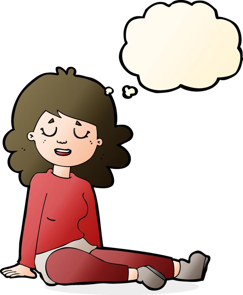cartone animato contento donna seduta su pavimento con pensato bolla vettore