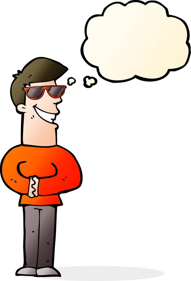 cartone animato ghignante uomo indossare occhiali da sole con pensato bolla vettore