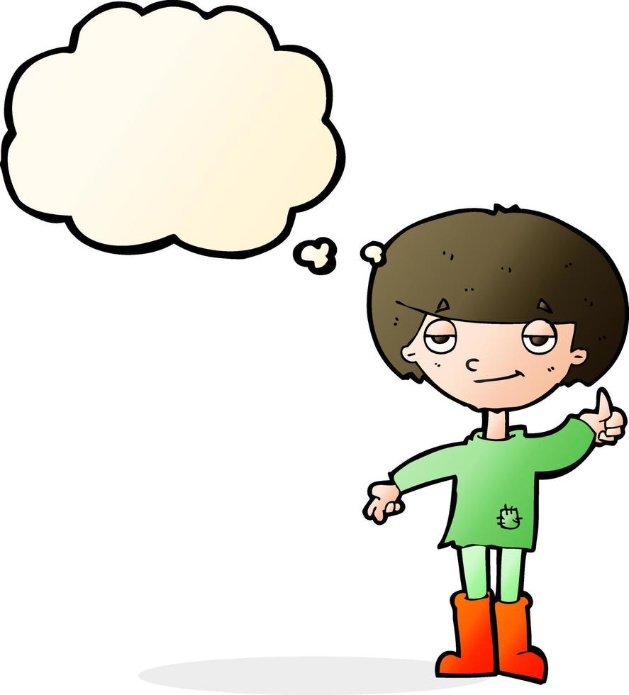 cartone animato ragazzo nel povero capi di abbigliamento dando pollici su simbolo con pensato bolla vettore