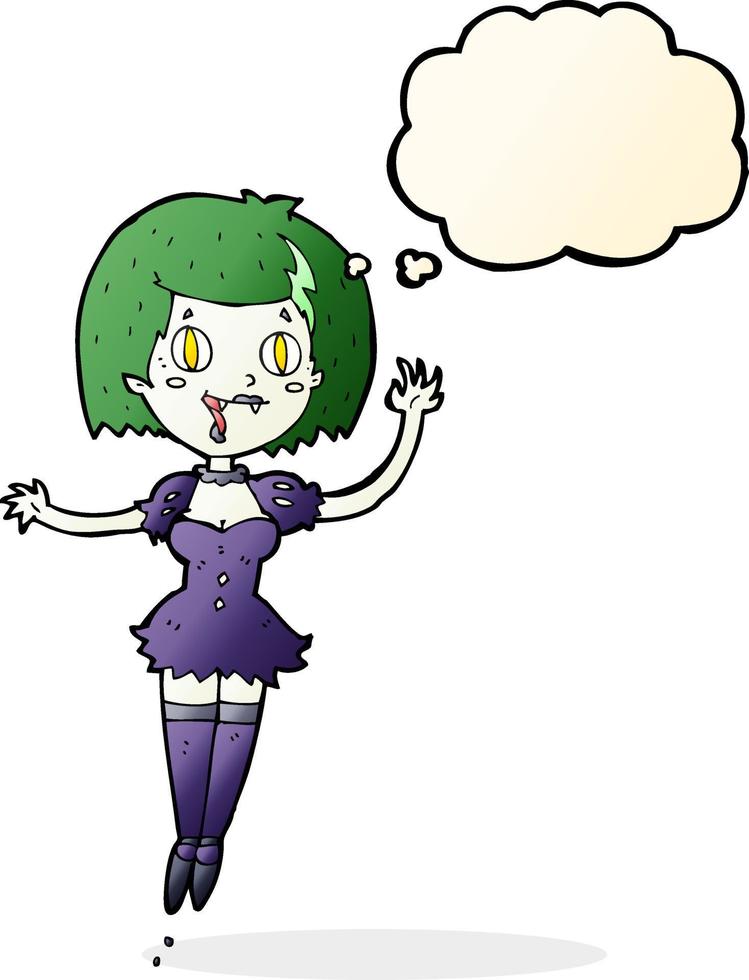 cartone animato contento vampiro ragazza con pensato bolla vettore