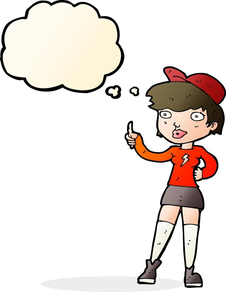 cartone animato pattinatore ragazza dando pollici su simbolo con pensato bolla vettore