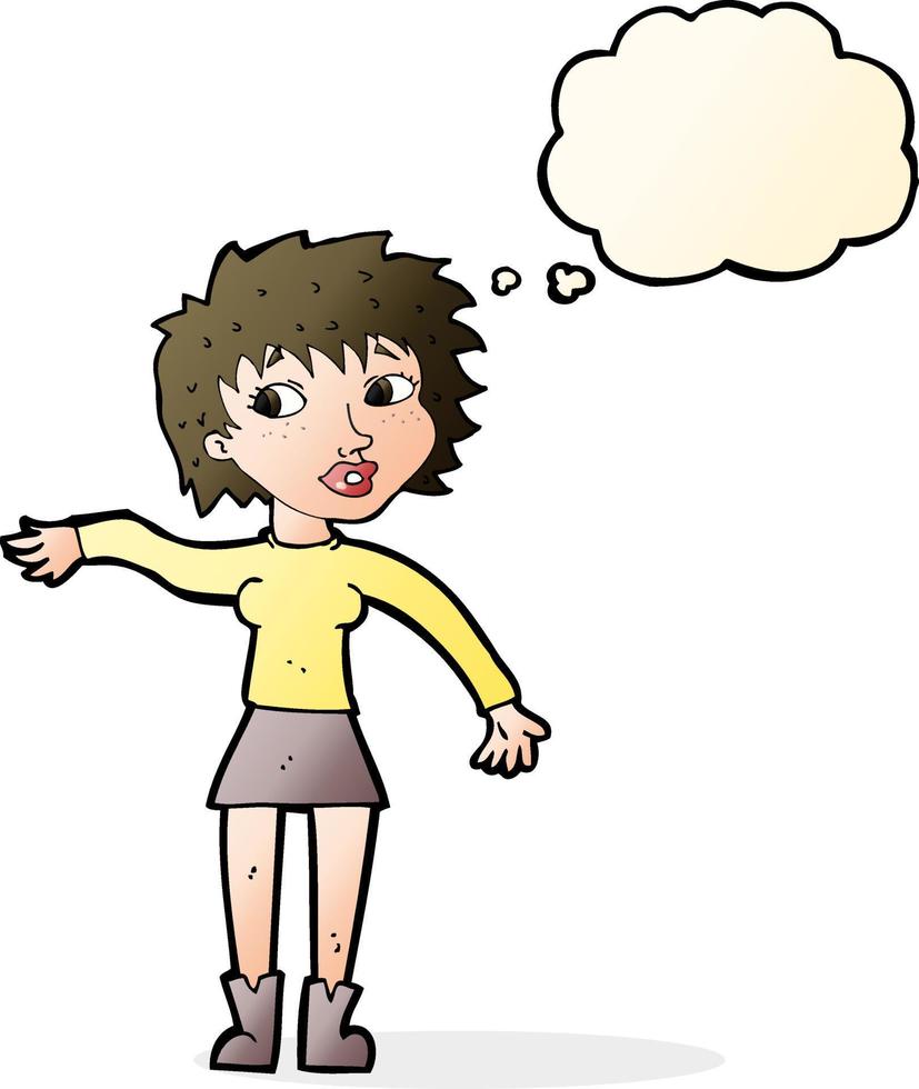 cartone animato amichevole donna agitando con pensato bolla vettore
