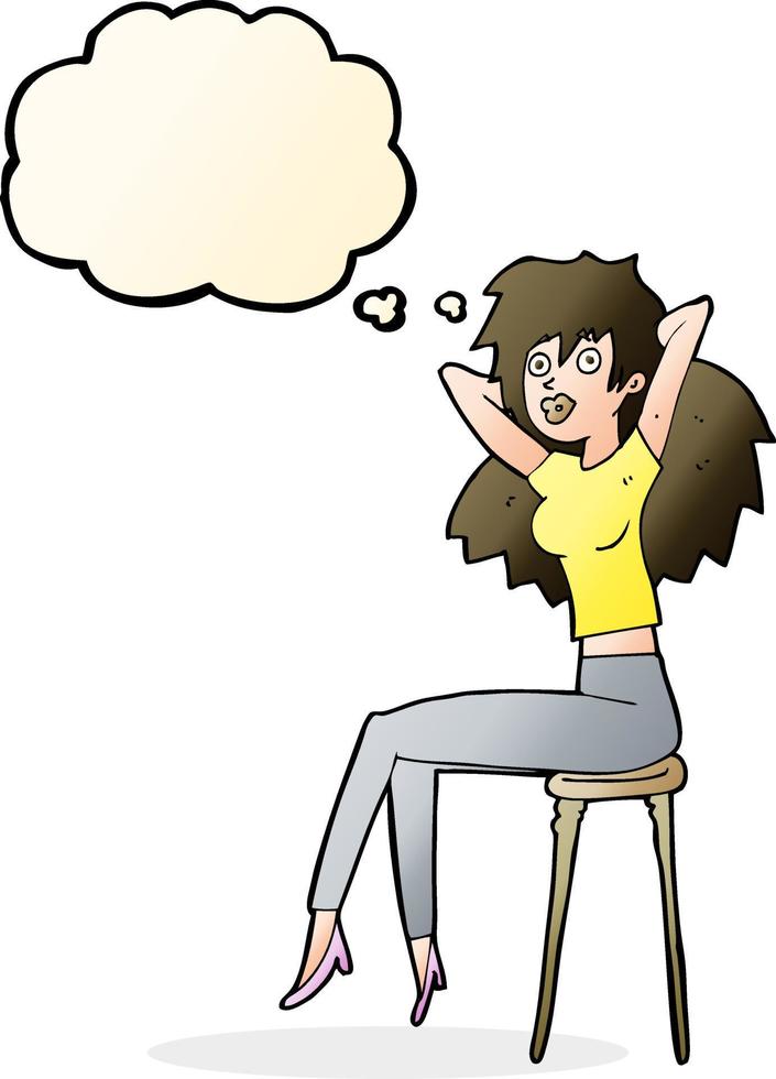 cartone animato donna in posa su sgabello con pensato bolla vettore