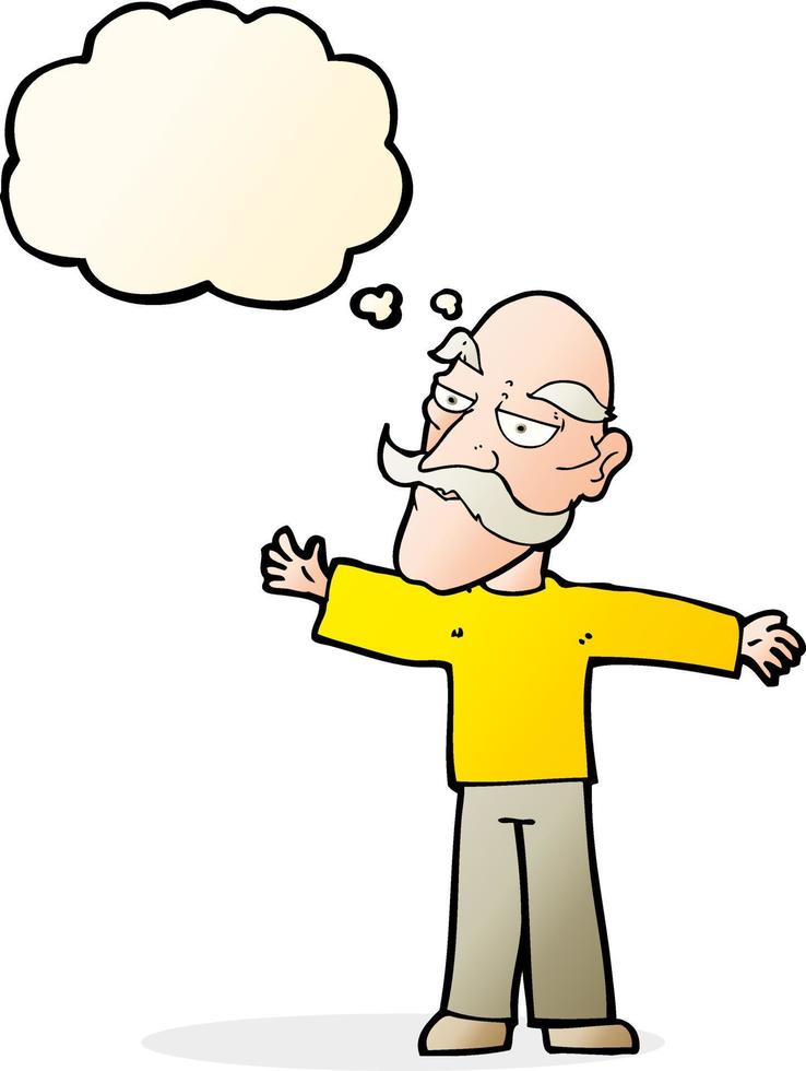 cartone animato vecchio uomo diffusione braccia largo con pensato bolla vettore