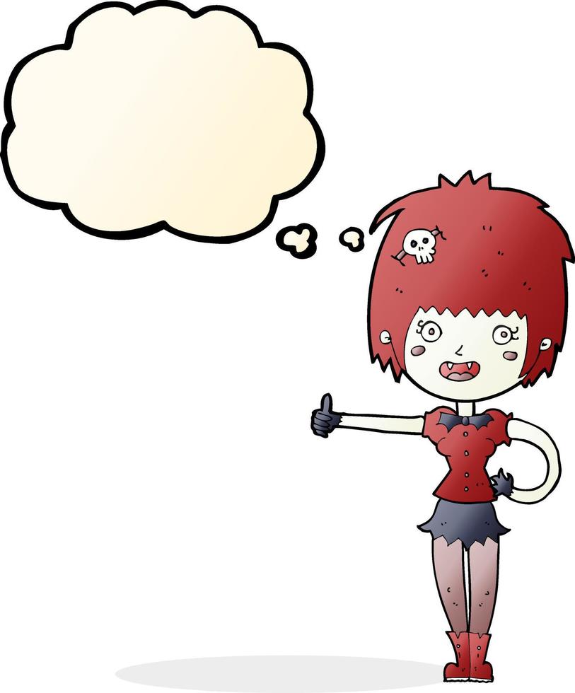 cartone animato vampiro ragazza dando pollici su cartello con pensato bolla vettore