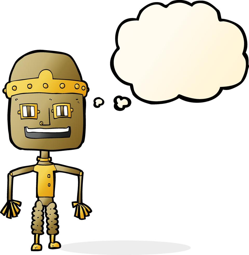 divertente cartone animato robot con pensato bolla vettore