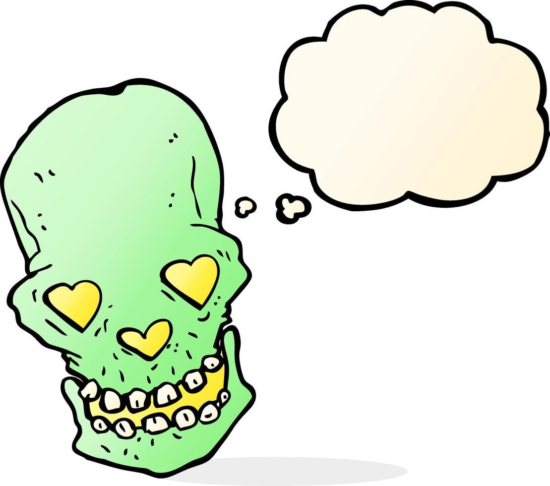 cartone animato cranio con amore cuore occhi con pensato bolla vettore