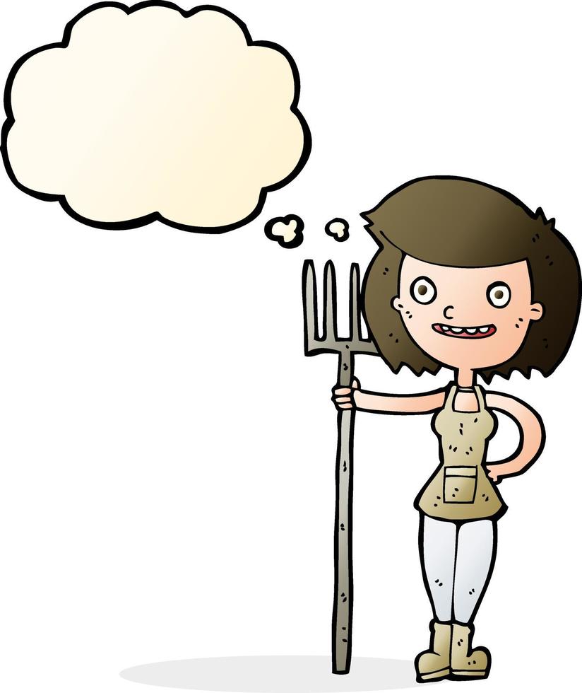 cartone animato contento contadino ragazza con pensato bolla vettore