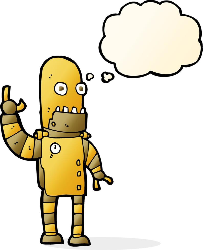 cartone animato agitando oro robot con pensato bolla vettore