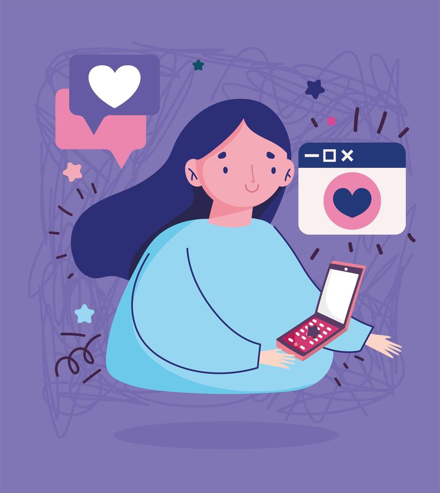 giovane donna con smartphone romantico messaggio amore cartoon vettore