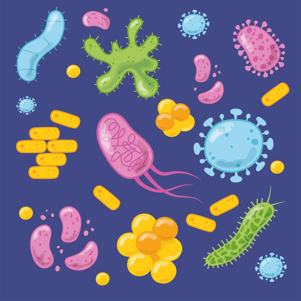 virus in stile cartone animato, batteri, cellule della malattia impostate vettore