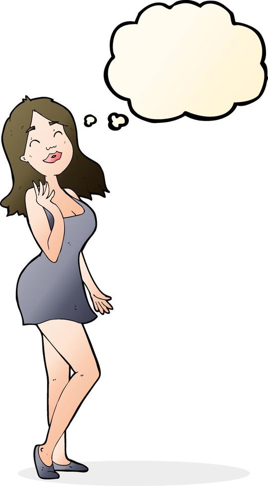 cartone animato bella donna nel cocktail vestito con pensato bolla vettore