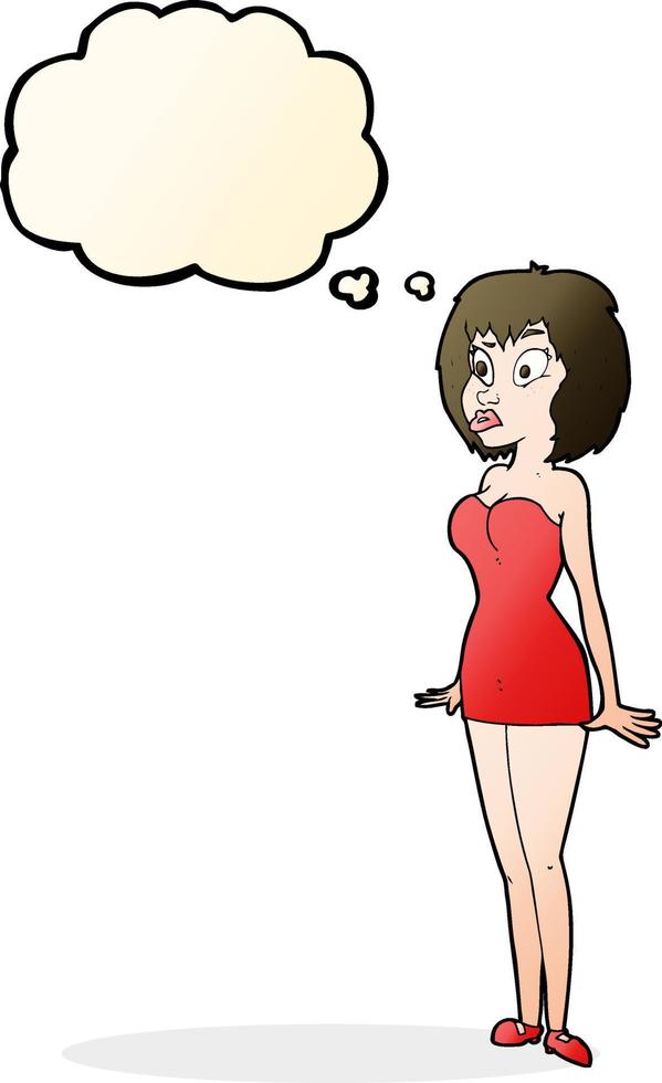 cartone animato sorpreso donna nel corto vestito con pensato bolla vettore