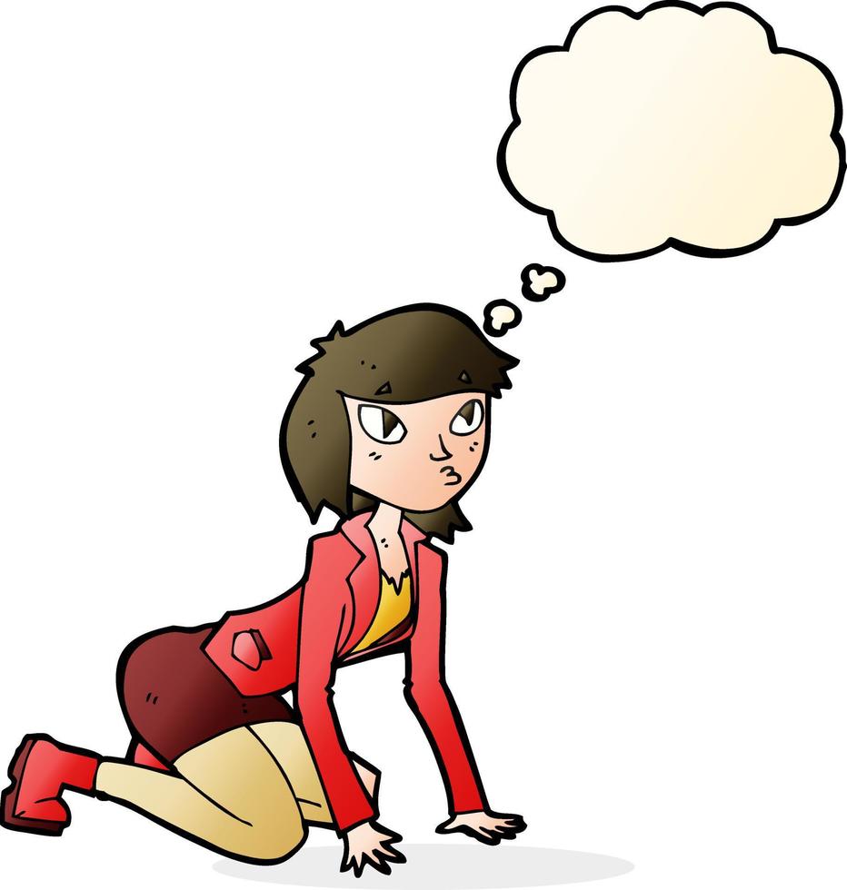 cartone animato donna su mani e ginocchia con pensato bolla vettore