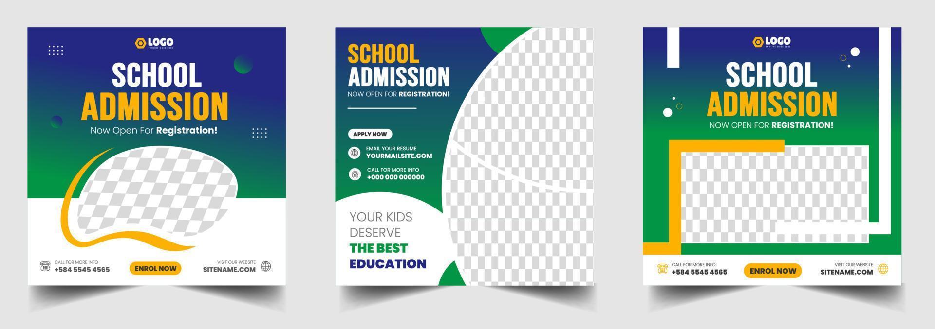 design di banner post sui social media per l'ammissione alla scuola. torna a scuola social media post banner design set. banner per la promozione dell'ammissione a scuola. modello di ammissione alla scuola per l'annuncio sui social media. vettore