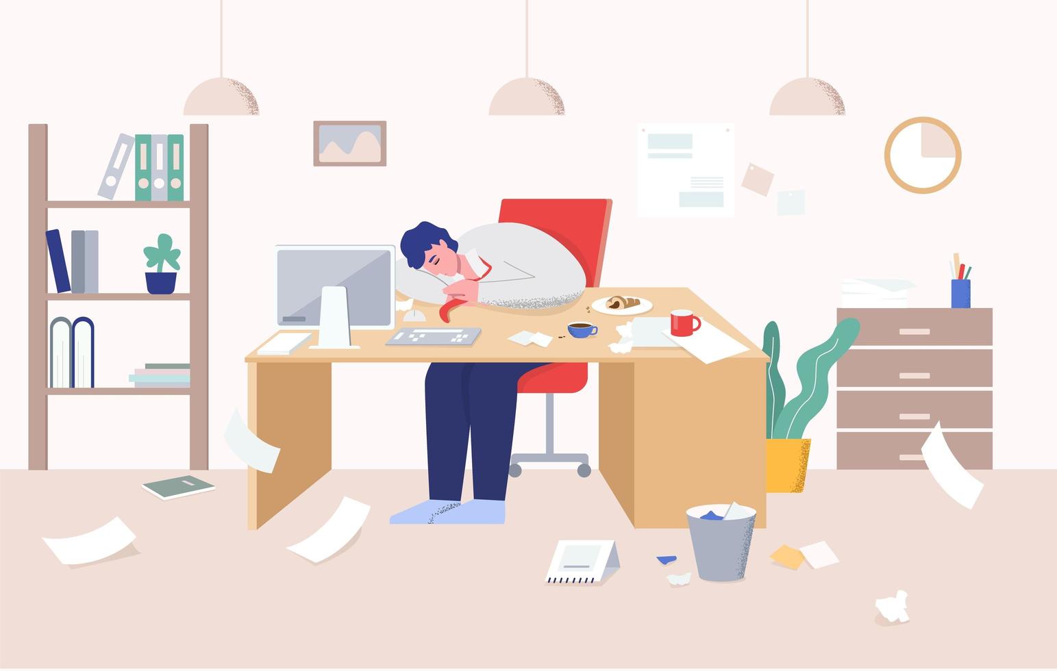 uomo circondato dal caos che dorme sulla scrivania al lavoro vettore