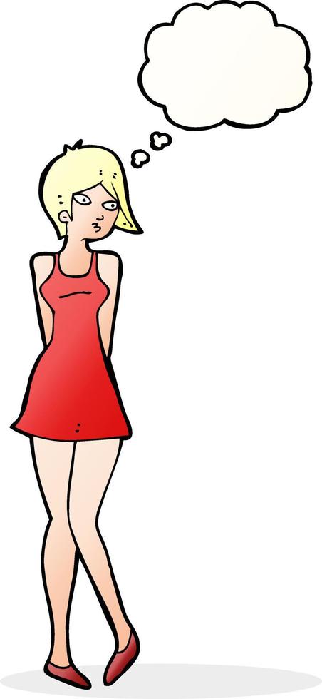 cartone animato bella donna nel vestito con pensato bolla vettore