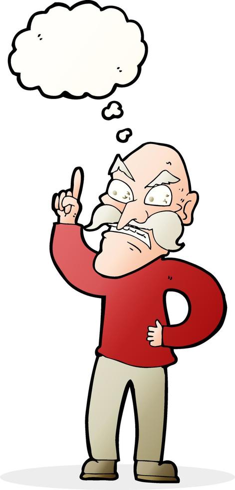 cartone animato vecchio uomo posa giù regole con pensato bolla vettore