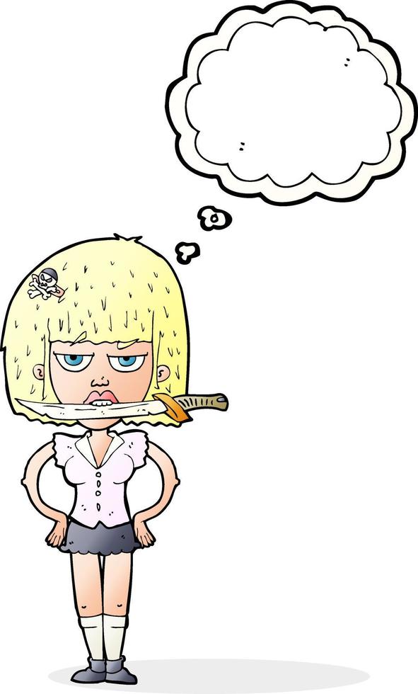 cartone animato donna con coltello fra denti con pensato bolla vettore