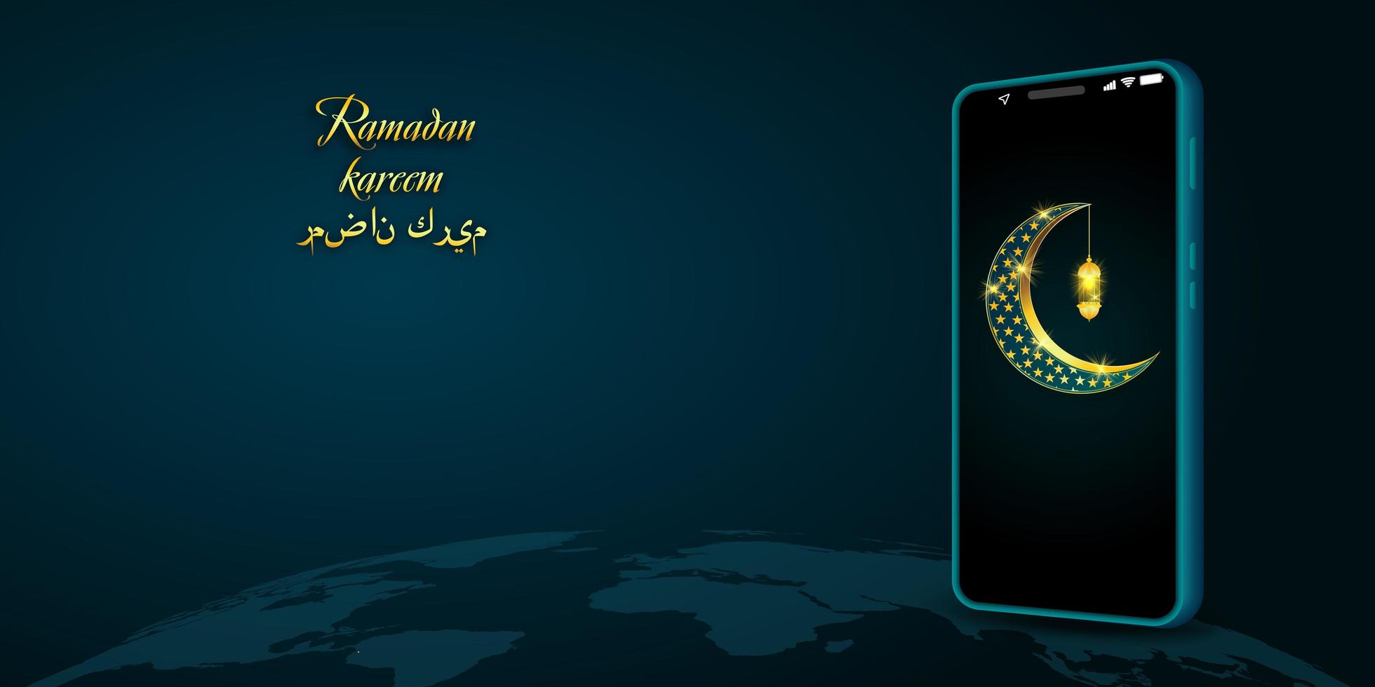 Ramadan Kareem design con mezzaluna dorata sul cellulare vettore